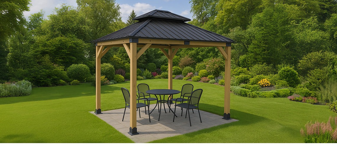 Wooden gazebo with black roof and outdoor dining set